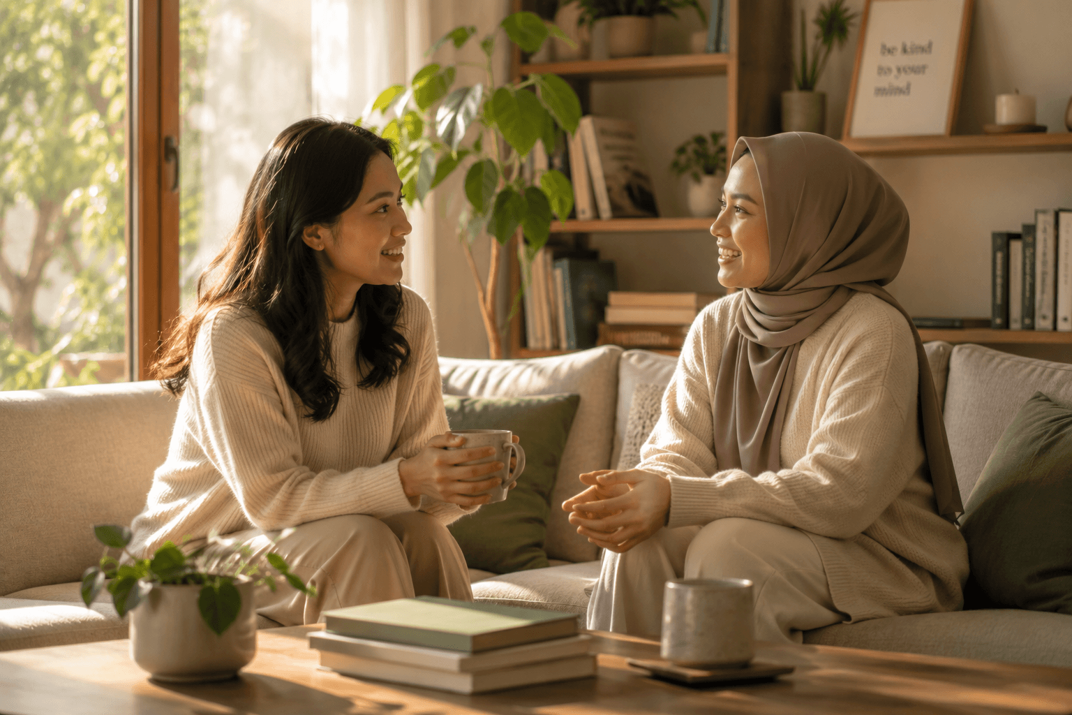 Dua orang berbicara dengan tenang dan saling memperhatikan